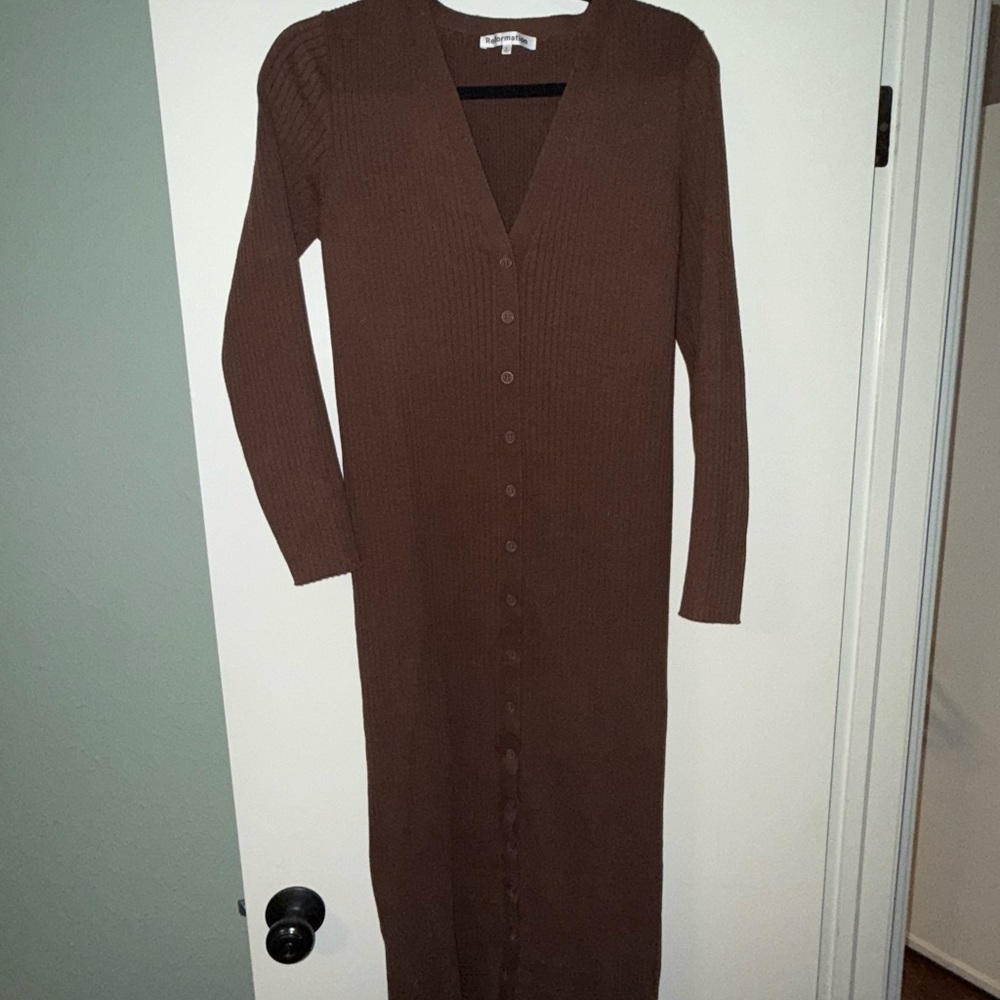 Reformation Chocolate Long Sleeve Cardigan Dress